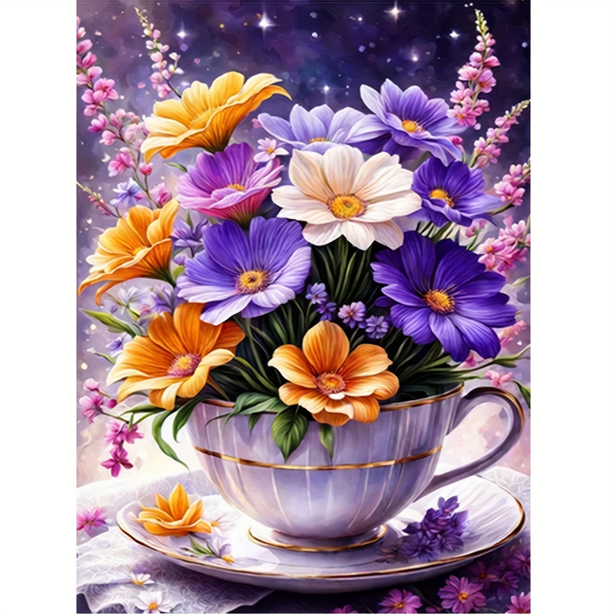 Image of Purple Floral Diamond Painting Kit - Diy Craft Set For Home Decor, Round Acrylic Gems, Artwork & Gift Idea