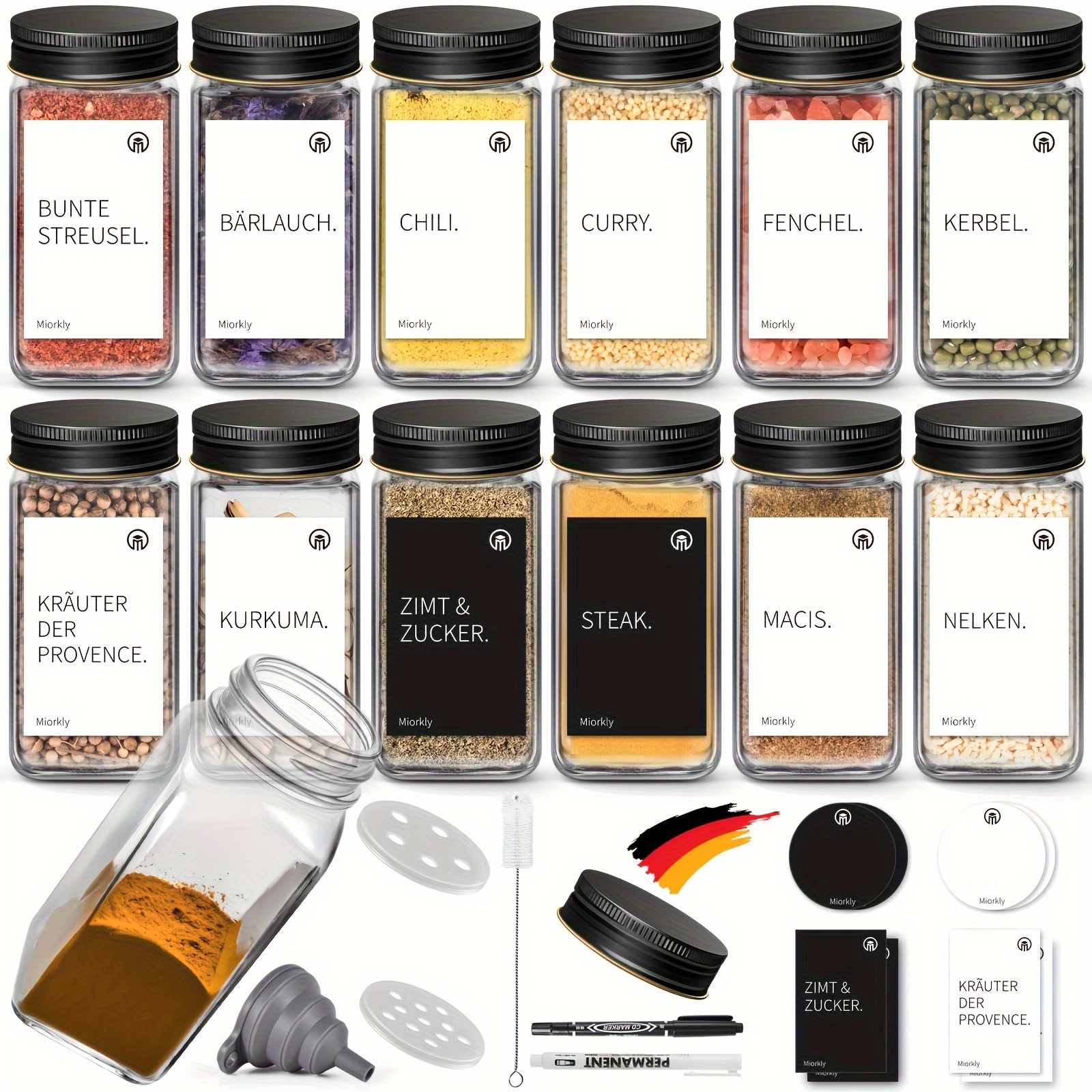 

Miorkly 24 Square Spice Jars, 120ml Spice Jar Set With Applicator Inserts, Spice Jars With Black Lids, Airtight, Stainless Steel Glass Spice Jars, Includes Funnels, Labels And Pens