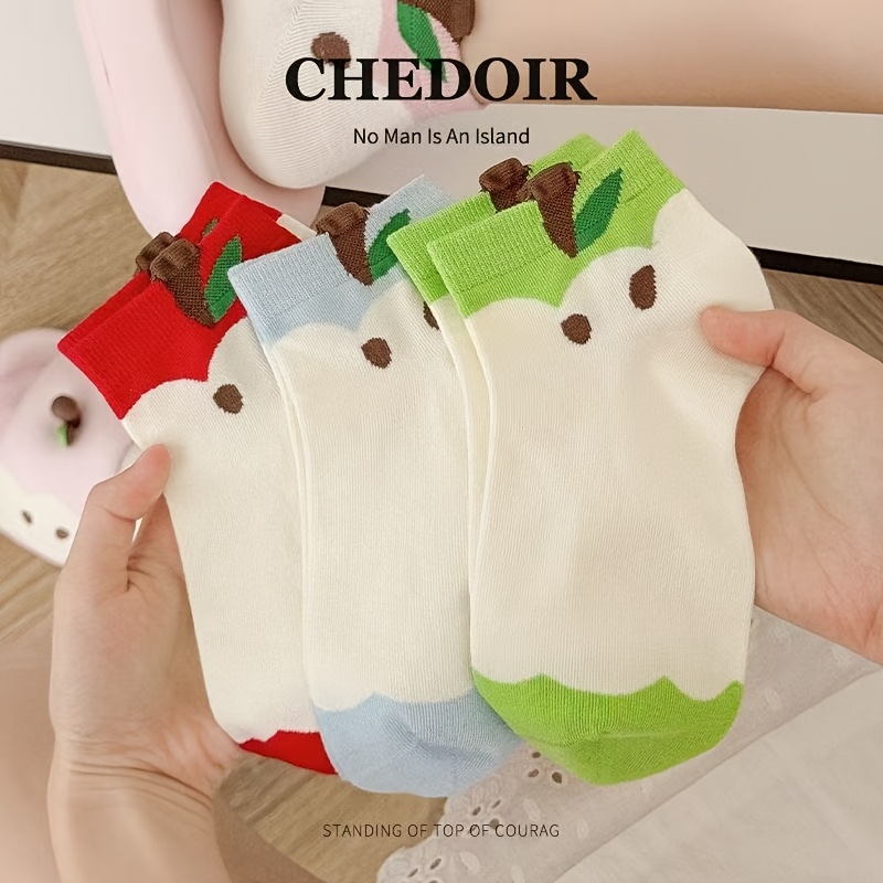 TEMU 3 Paires de Chaussettes Apple Polyvalentes Décontractées et Mignonnes avec Dessins Animés pour Femmes, Chaussettes Courtes