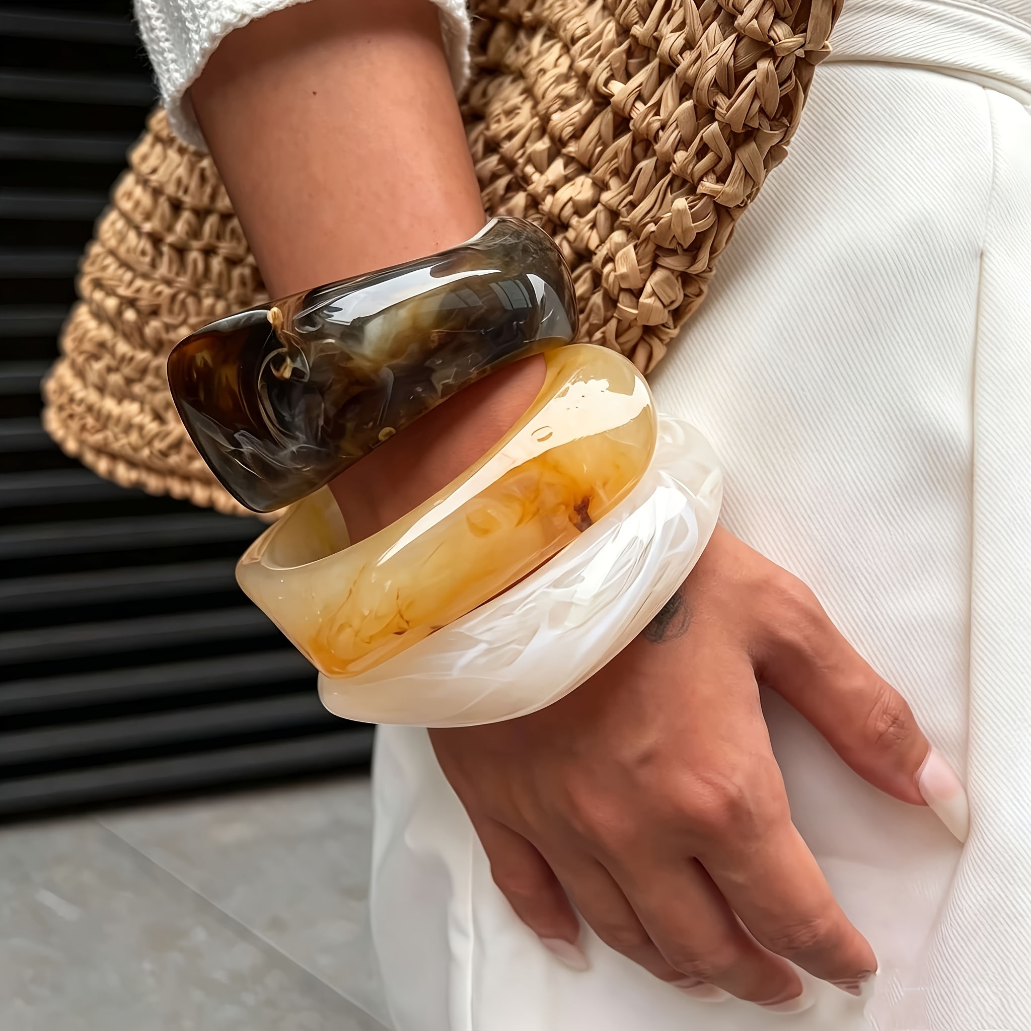 3 Colors Marbled Resin Bangle Bracelet Set, Stackable