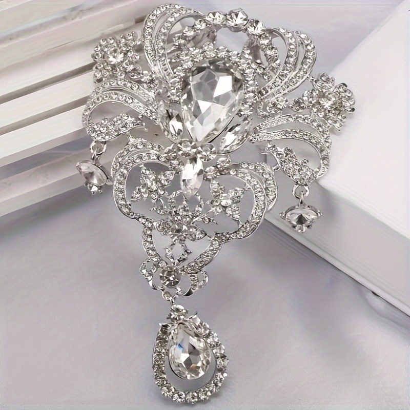 TEMU Elegant Floral Crystal Brooch Pin With Rhinestone Accents And Alloy Base For Women - Luxurious Party Jewelry Gift