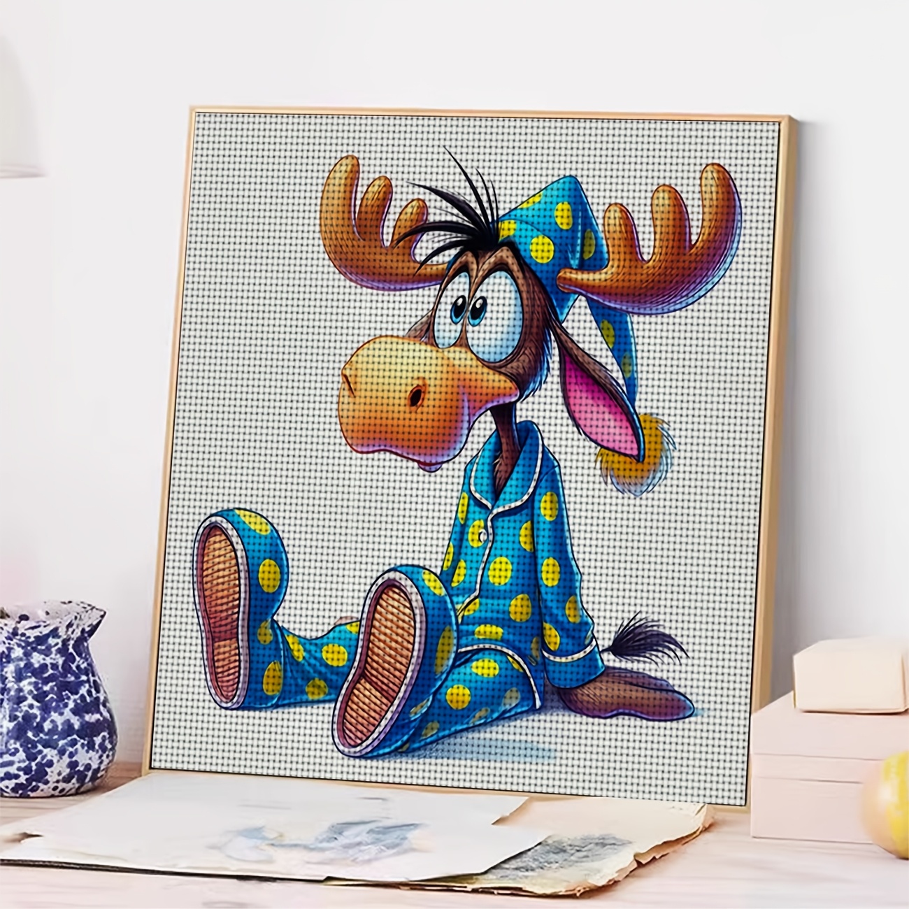 Cross Stitch Printed Kit, Reindeer Pajamas Design, Frameless
