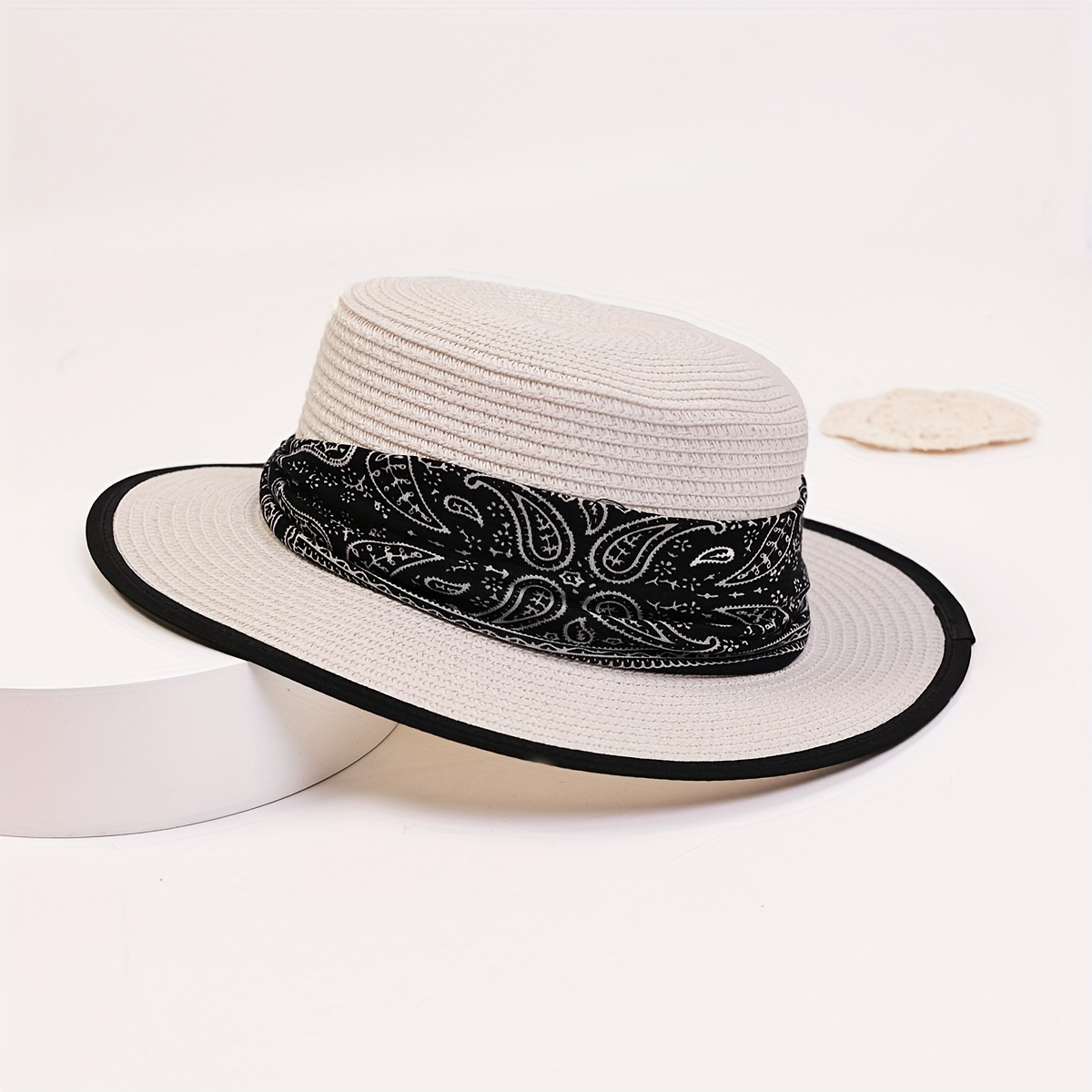 Paisley Print Band Panama Hats Classic Flat Brim Straw Hat - Temu