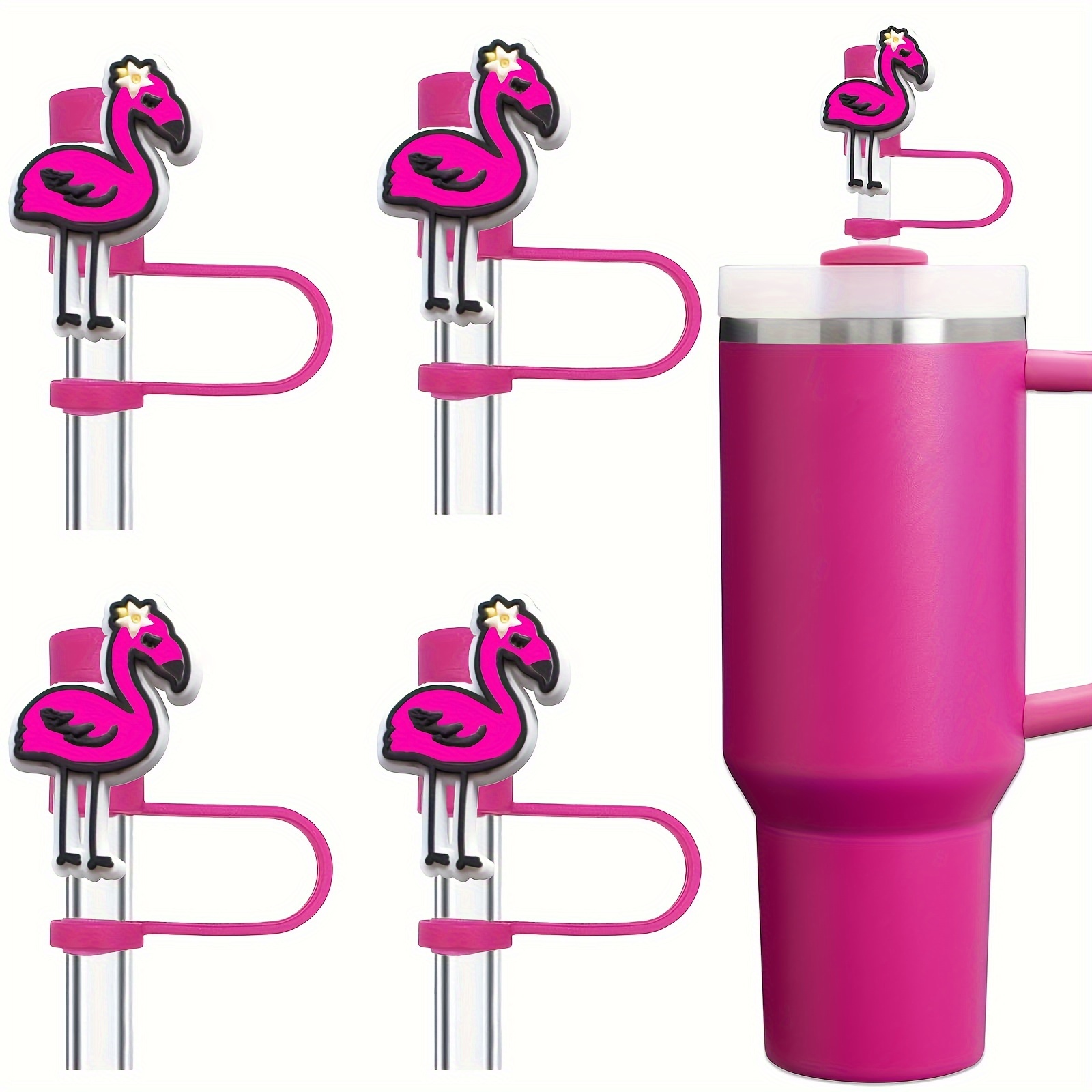 

4-pack Flamingo Silicone Straw Covers For Tumblers, Reusable Straw Toppers With Handle Attachment, Dustproof Straw Protectors, Compatible With 30/40oz Cups - 10mm Accessory