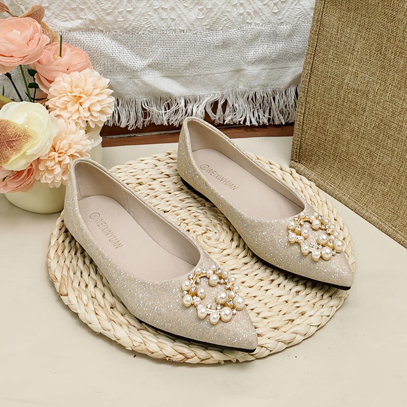 light   pearl exquisite flower   pointed toe flat shoes fine shimmering fabric gentle comfortable wedding   date all match style women shoes