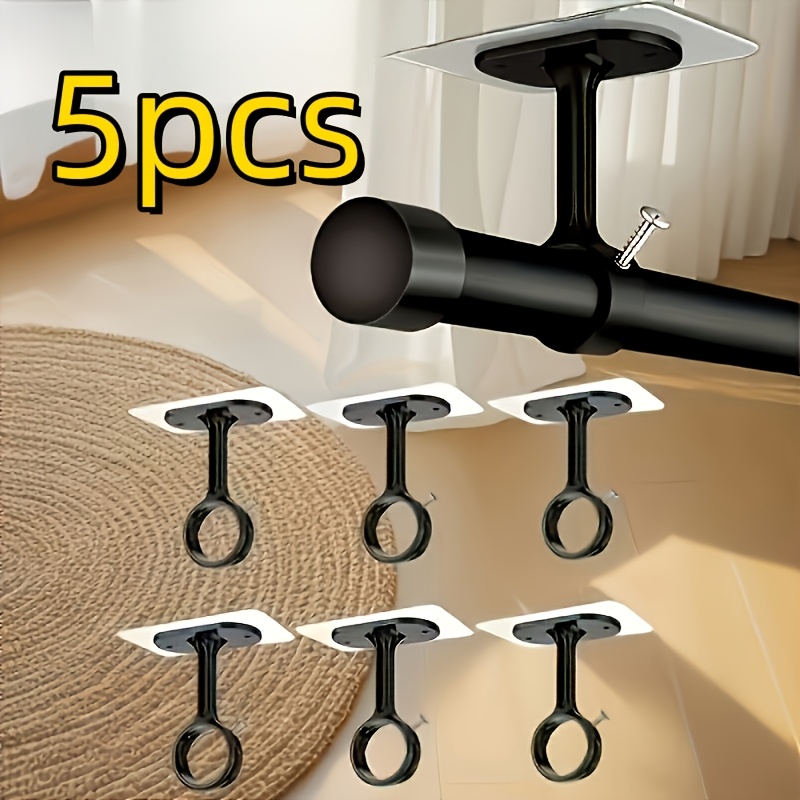 TEMU 5pcs Heavy-duty Self-adhesive Ceiling Curtain Rod Brackets With Adjustable Hooks & Rods - No Drill Installation Suitable For Wardrobe, Bedroom,