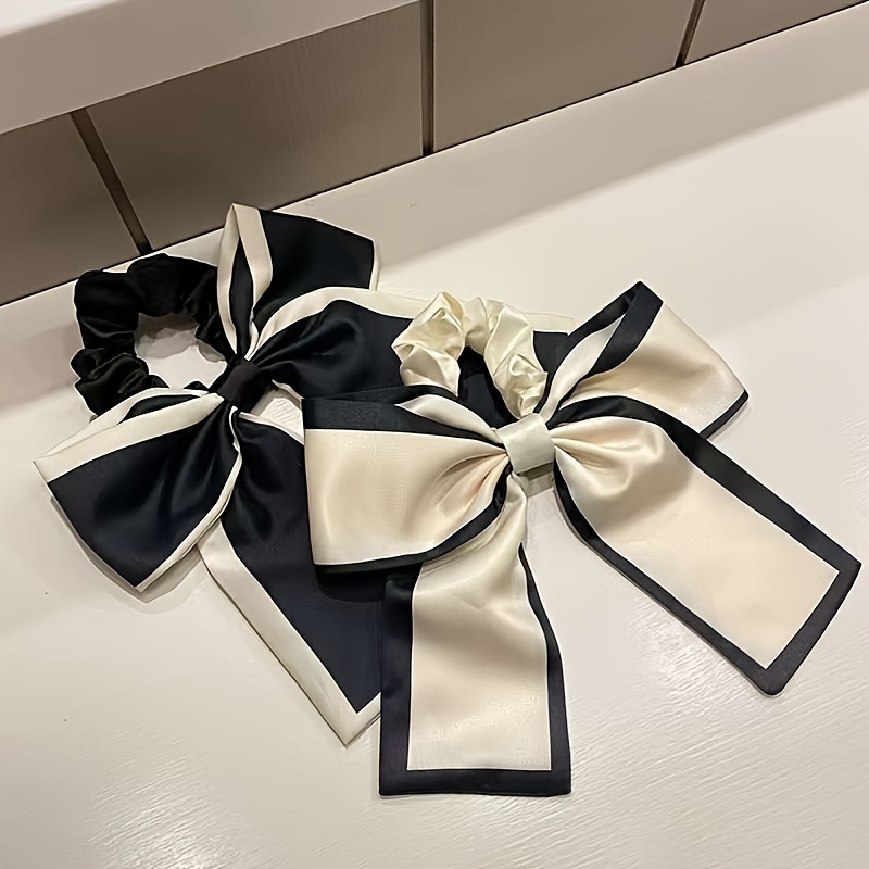 Elegant & Cute Black And White Bowknot Hair Ties, Summer No-Damage Women's Hair Accessories For Stylish Updos