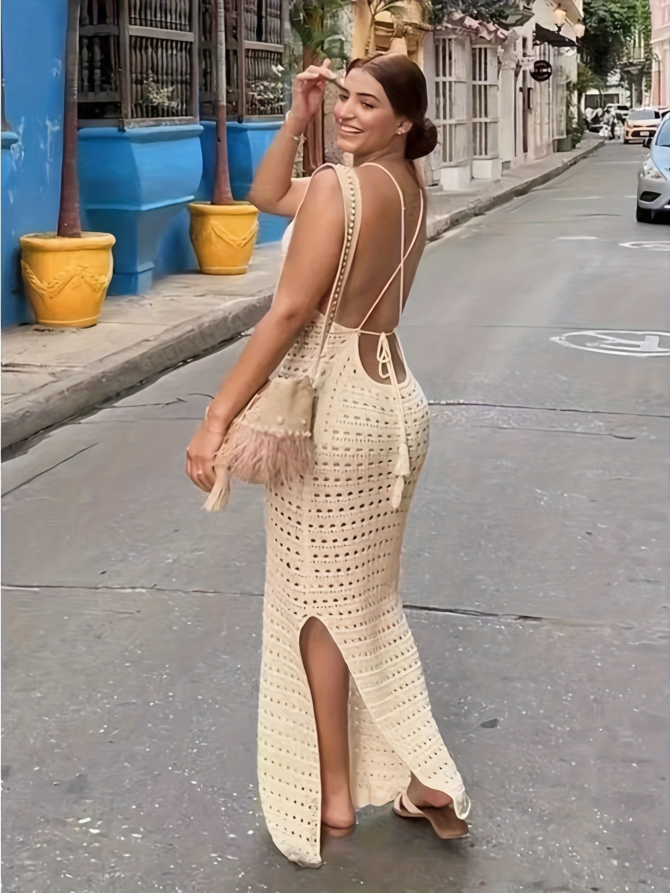 Vestido largo sin espalda con cordones y encaje sexy para mujer Beige,  ajustado al cuerpo, ideal para vacaciones y detalles con sin p