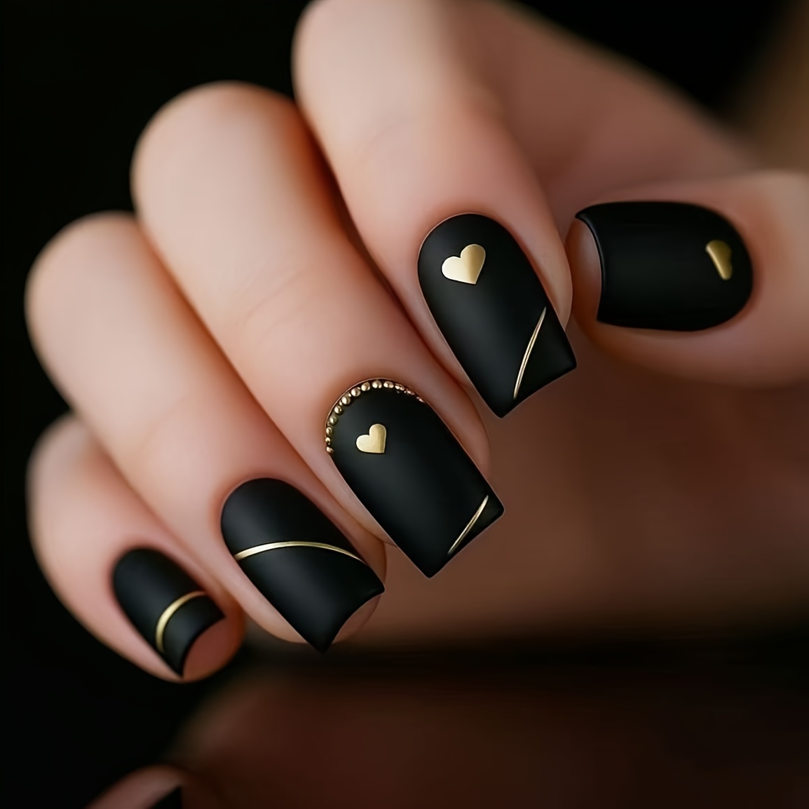 TEMU 24pcs Classic Square Wearable False Nails, Matte End Full Coverage With Golden Lines And , Christmas And New Year Gift, Party And Holiday Wear