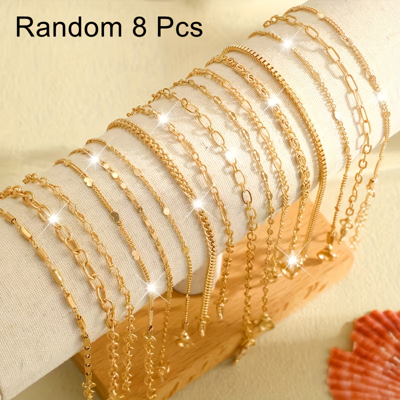 TEMU Random 8pcs Set With Easy And , Featuring Various Styles Of Golden Metal Bracelets For Women, Wear Or Parties