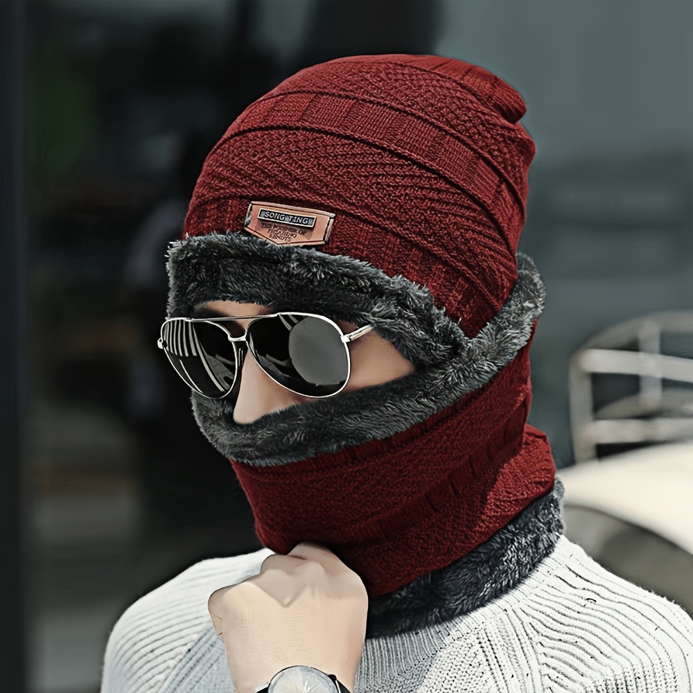 TEMU Ensemble Chapeau et Écharpe d'Hiver pour Homme, Tissu Polyester avec Doublure Peluche, Style Tendance et Cool - Élastique, Lavable à - Cadeau