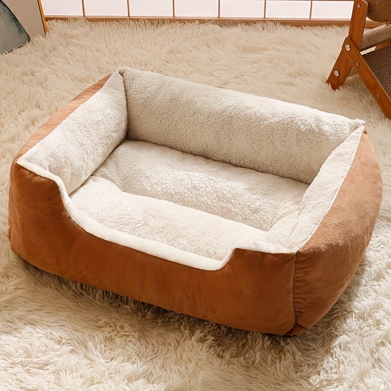 plush square pet bed beige brown soft fluffy cushioned mattress like interior   design easy clean polyester pad for cats small dogs rabbits guinea   indoor outdoor use in living room bedroom balcony ideal for apartments homes space saving square bed   durable fabric cat owners Product details 3