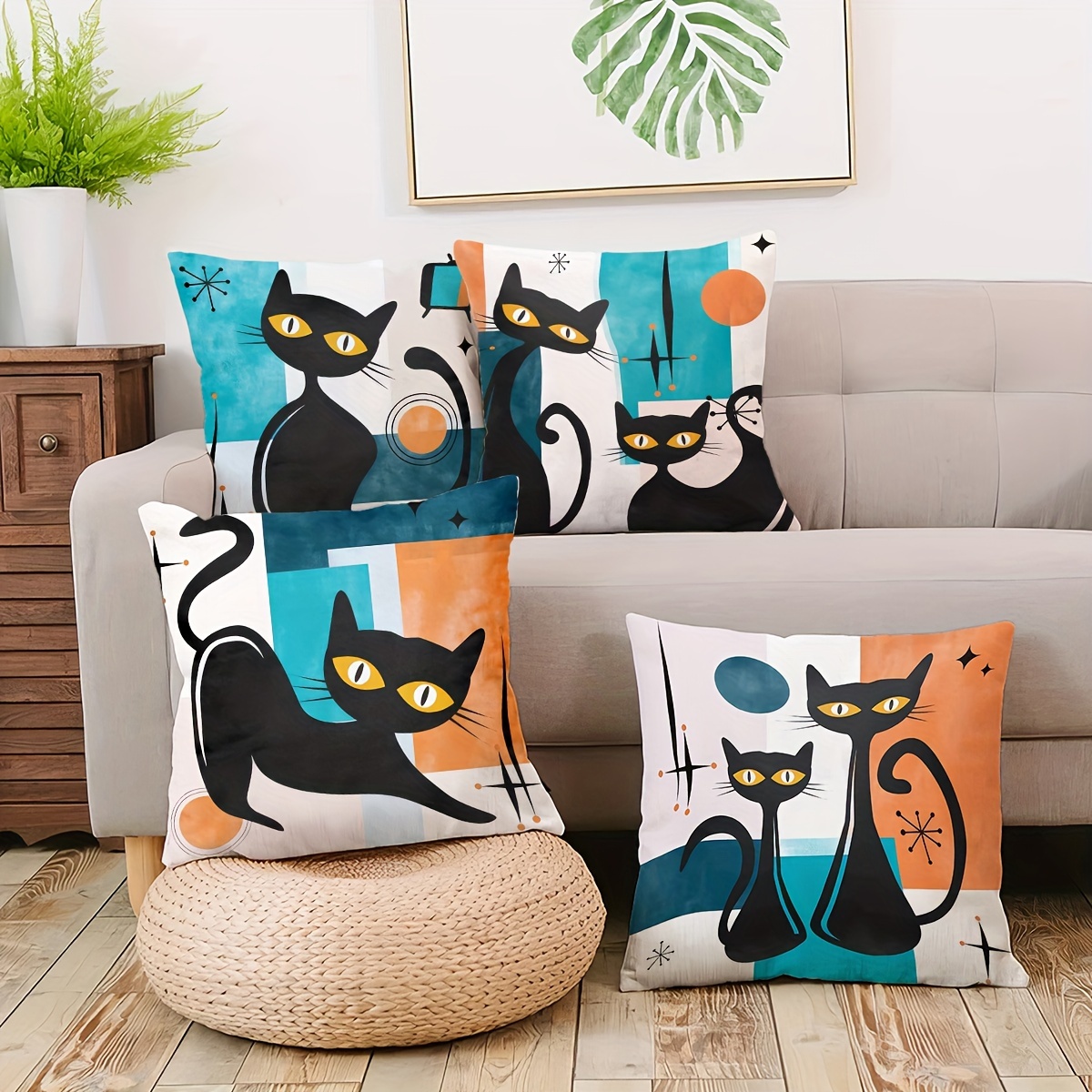 

4pcs, Short Plush Pillow Cushion Cover Cushion Cover Pillow Cover Ultra Soft Single-sided Printing18in*18in Black Cat Sofa Car Cushion No Pillow Core