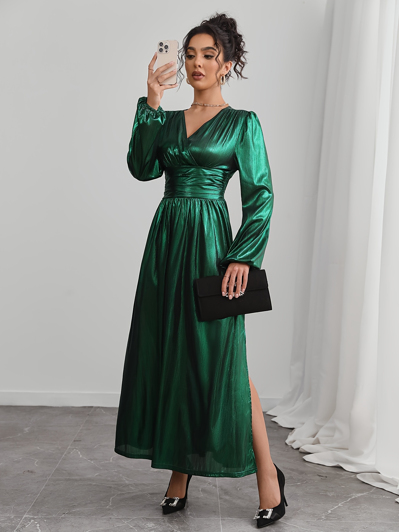 womens fashionable elegant v neck long sleeve maxi dress - Temu