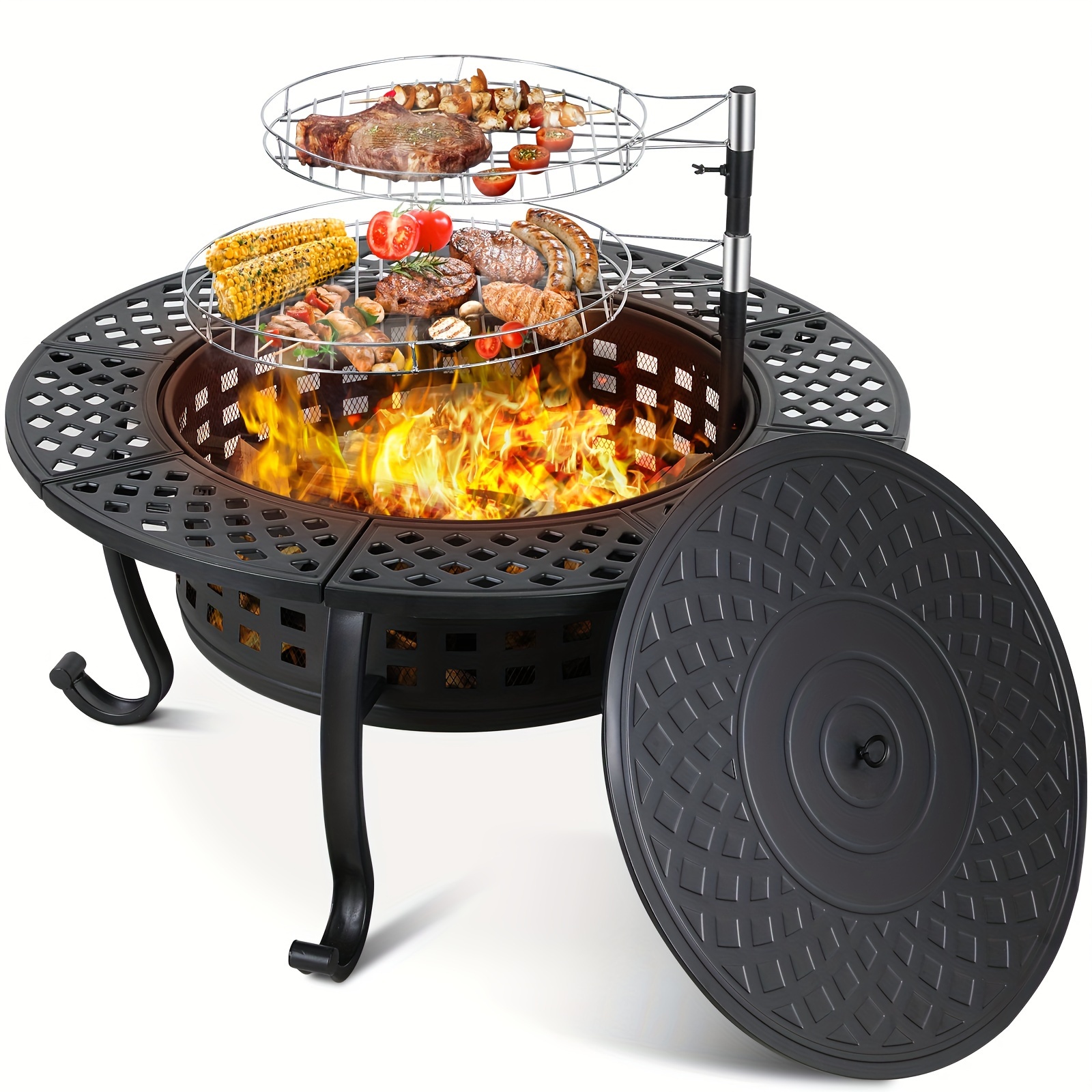 

37" Outdoor Fire Pit, 3 In 1 Large Wood Burning Fire Pits With 2 Stainless Steel Grills, Lid And Fire , Metal Round Table For Patio, Backyard, Party, Bbq, Camping, Picnic