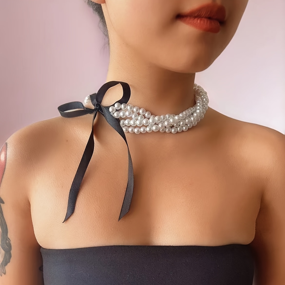 luxurious multi strand pearl necklace elegant black Temu Austria