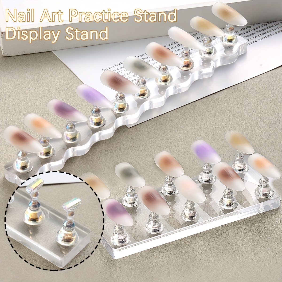 

Magnetic Nail Art Practice Stand - Acrylic Double Row Holder With Golden & Silvery Metal Alloy, Manicure Tool For Salon-quality Nails