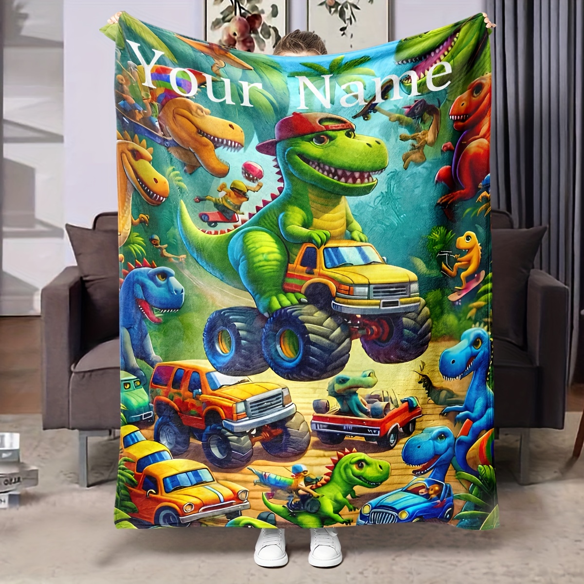 

1pc Customized Blanket, Personalized Go-kart Dinosaur Pattern Text Blanket, Outdoor Nap Blanket