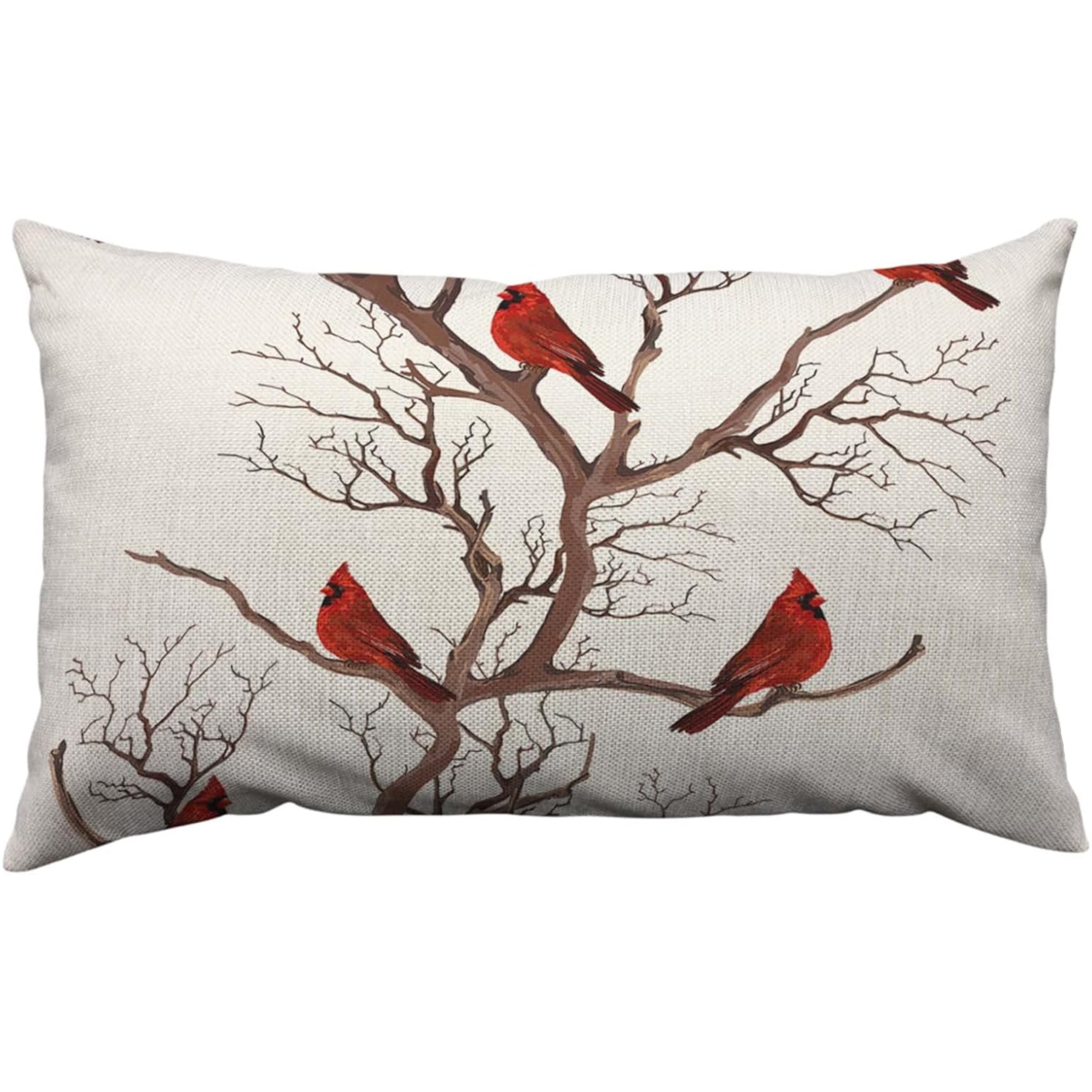 

1pc Contemporary Style Red Birds Pillow Cover 12x20 Inch, On Tree Branches, Winter Christmas Decorative Throw Cushion Case, Linen Fabric, Zipper Closure, Machine Washable For Home Sofa Couch Decor