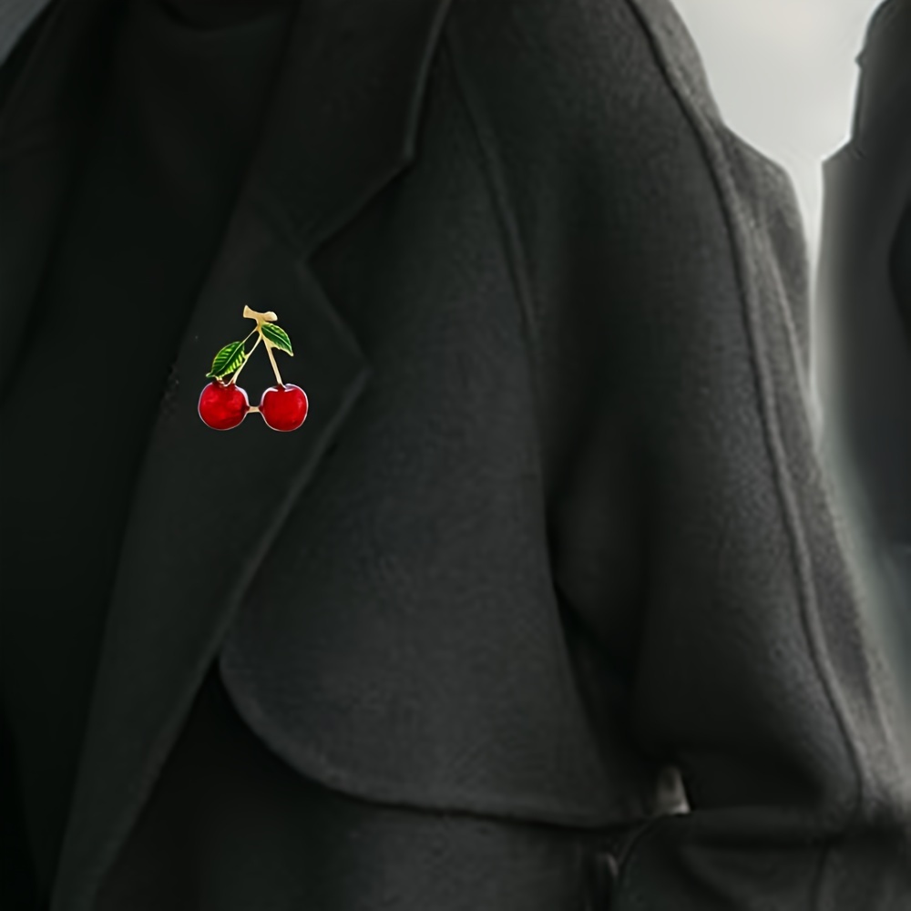 TEMU Leaf Red Cherries Metal Brooch Pin For Women Clothing Backpacks Bag