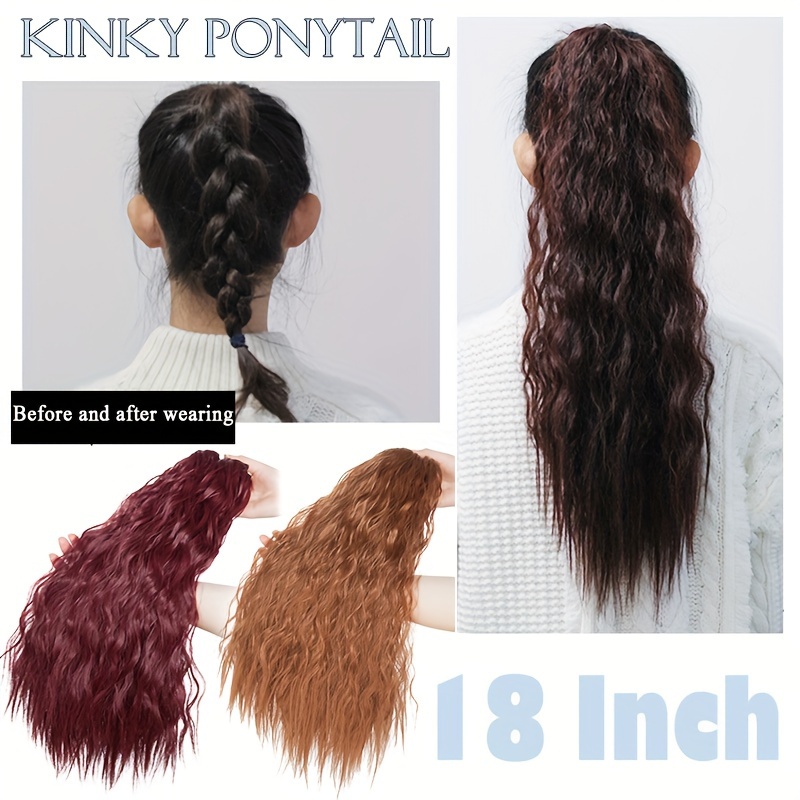18inch 45cm long   corn wave ponytail hair extension synthetic drawstring afro curly wavy pony tail wrap around pony tails clip in hairpieces layered hairpiece   blonde highlight for women daily party halloween christmas use details 6