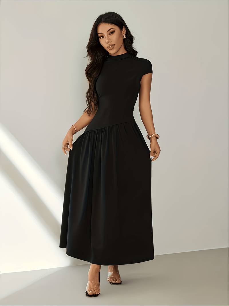 Women's Solid Color Stand Collar Puff Sleeve Pleated Long Casual Dress, Summer Dress