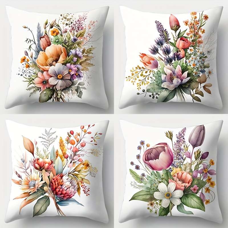 

4pcs Floral Throw Pillow Covers, Vibrant Nature Inspired Design, 18-inch Square Cushion Cases, Contemporary Style, Home Decor Accent For Living Room, Office, Sofa - No Inserts Included