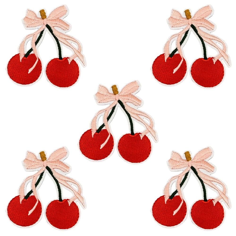 

5pcs Bow Cherry Embroidery Patches, Diy Decorative Cloth Stickers For Clothes, Shoes, Hats, Bags - Iron-on Or Sew-on, Creative, Knot