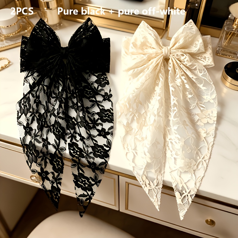 TEMU Sweet And Elegant Lace Bow Hair Clip, Featuring Hollow Embroidered Lace+ Double-layered Bow+ Flexible Long Ribbon, Gentle And Delicate, Suitable