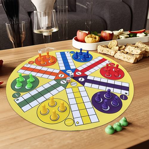 65cm six player ludo flying rubber game board 65cm large round game board flying game board 24pcs in 6 colors 2 dice folded for storage and used as a computer mouse pad ideal for family interaction