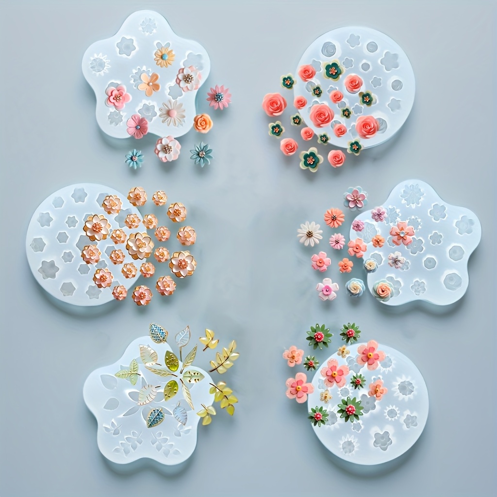 TEMU 6pcs Flower Silicone Mold Set For Cake Decoration, Chocolate, Fondant, Clay Resin Casting Molds - Diy Baking Tools, Pendant Mould, Suitable For