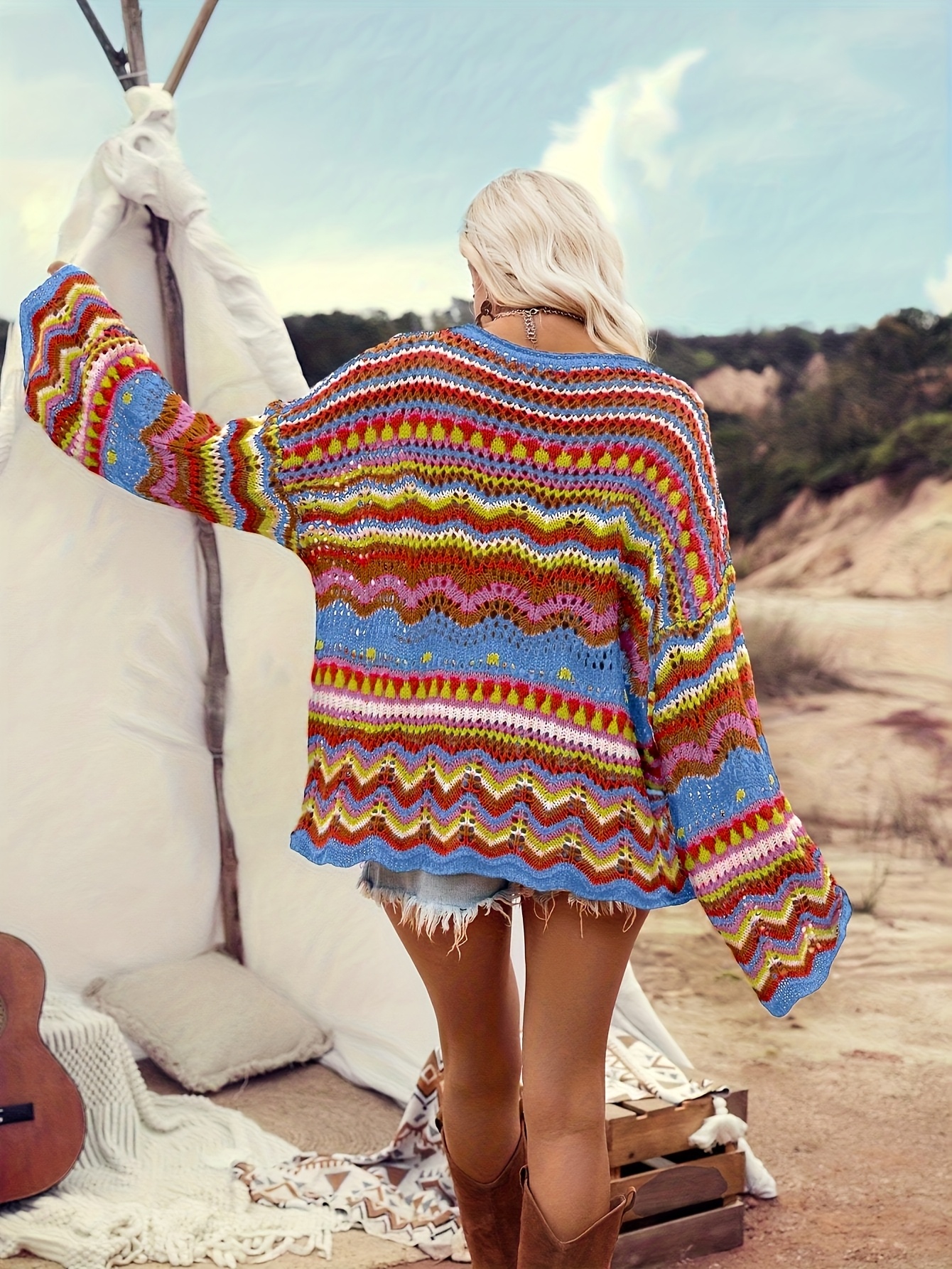 damen eleganter regenbogen gestreifter häkel pullover locker