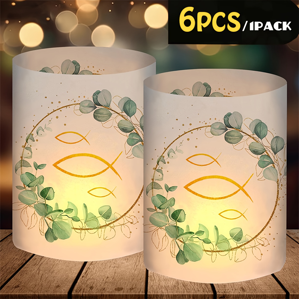 TEMU Set di 6 Portacandele Decorativi da Tavolo con Paralumi, Design Verde Foglia di Eucalipto, Regali per Ospiti, Regali, Decorazioni per Battesimo,