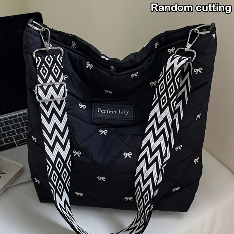 New Women's Fashion Solid Color Quilted Bow Pattern Shoulder Bag, Random Cutting Large Capacity Multi-compartment Boho Wide Crossbody Bag