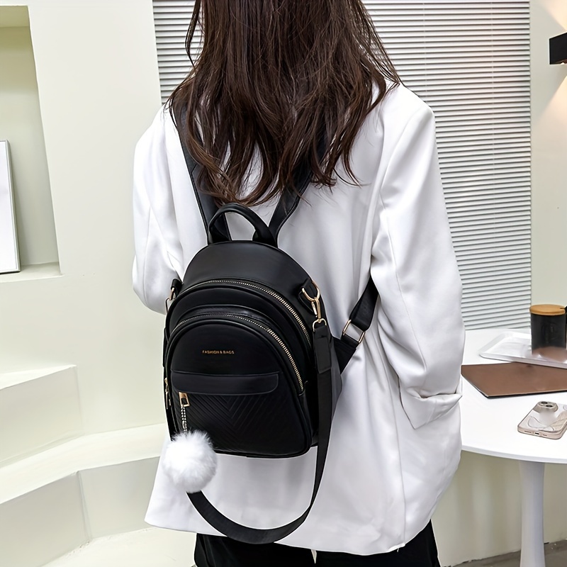 

Fashion & Bags Pu Leather Backpack For Women - 26cm/10.24in X 22cm/8.66in X 9cm/3.54in - Striped Design, Adjustable Shoulder Strap, Zipper Closure, And Fluffy Pom Pom Decoration