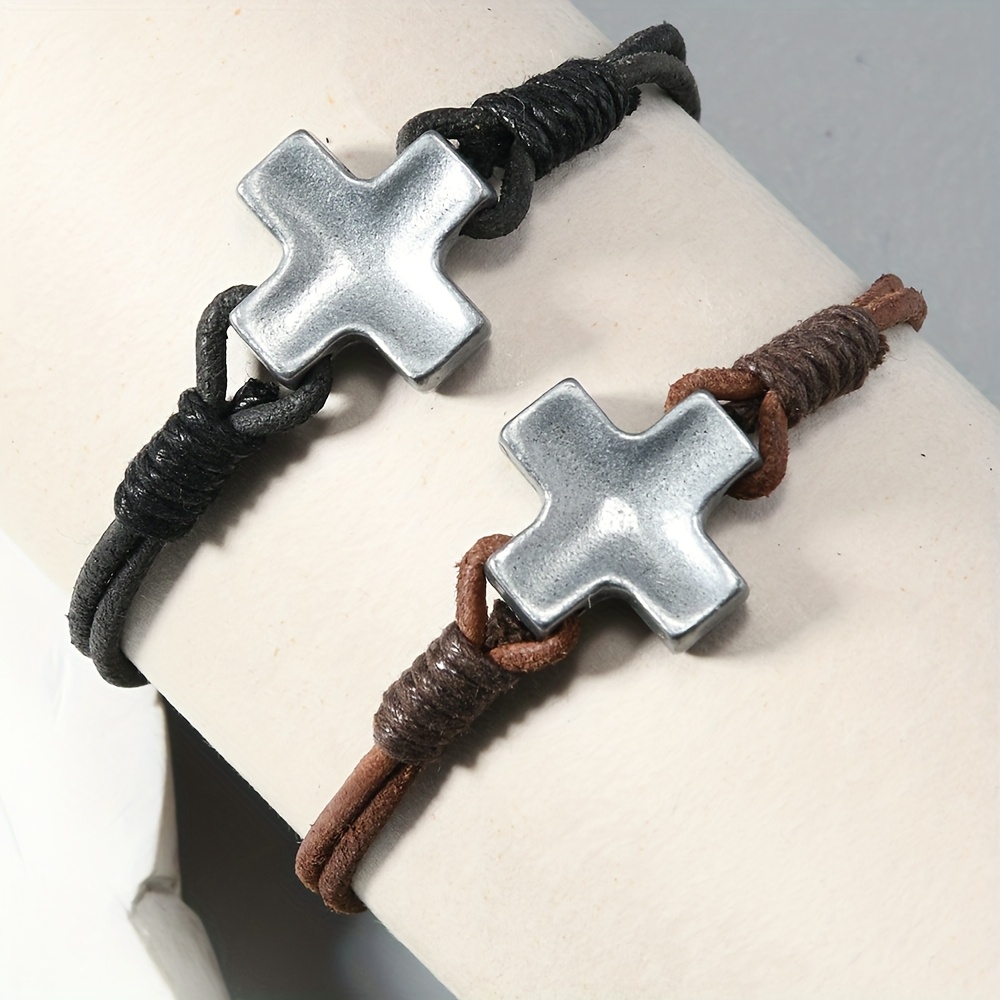 Men's Vintage Handwoven Cross Genuine Leather Bracelet