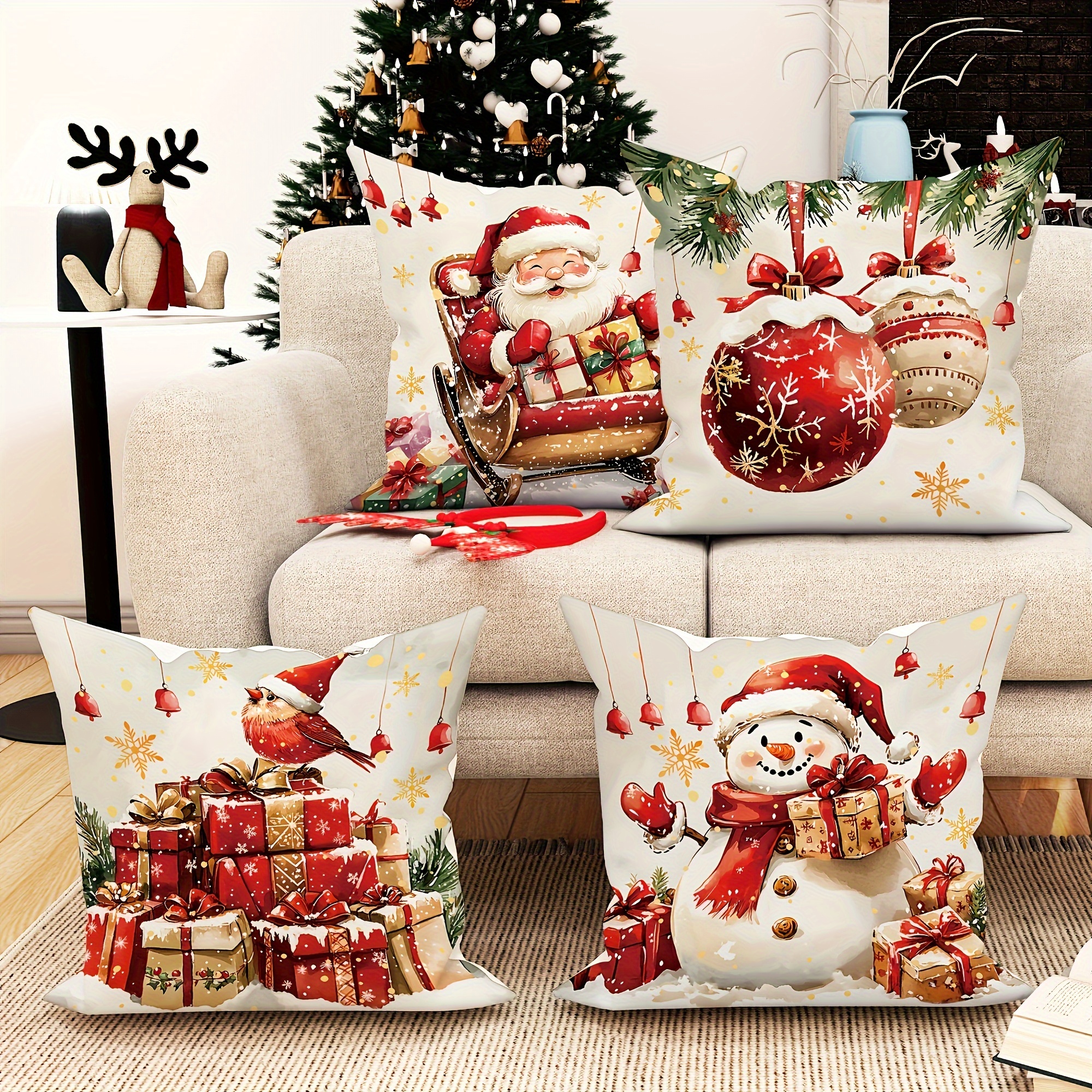 

4pcs Set Christmas Themed Throw Pillow Covers - 18"x18", Santa, Snowman & Gift Designs, Polyester, Machine Washable With Zipper Closure For Living Room & Bedroom Decor - No Insert Included