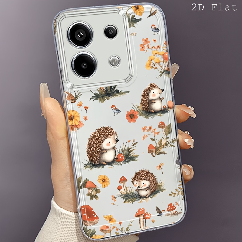 TEMU Phone Case: 2d Flat Mushroom, Small Flower, And Hedgehog Phone Case, Suitable For Redmi 10, 12c, 13, 14c, A1, A2+, A3, Note 8, 9, 10, 11s, 12,