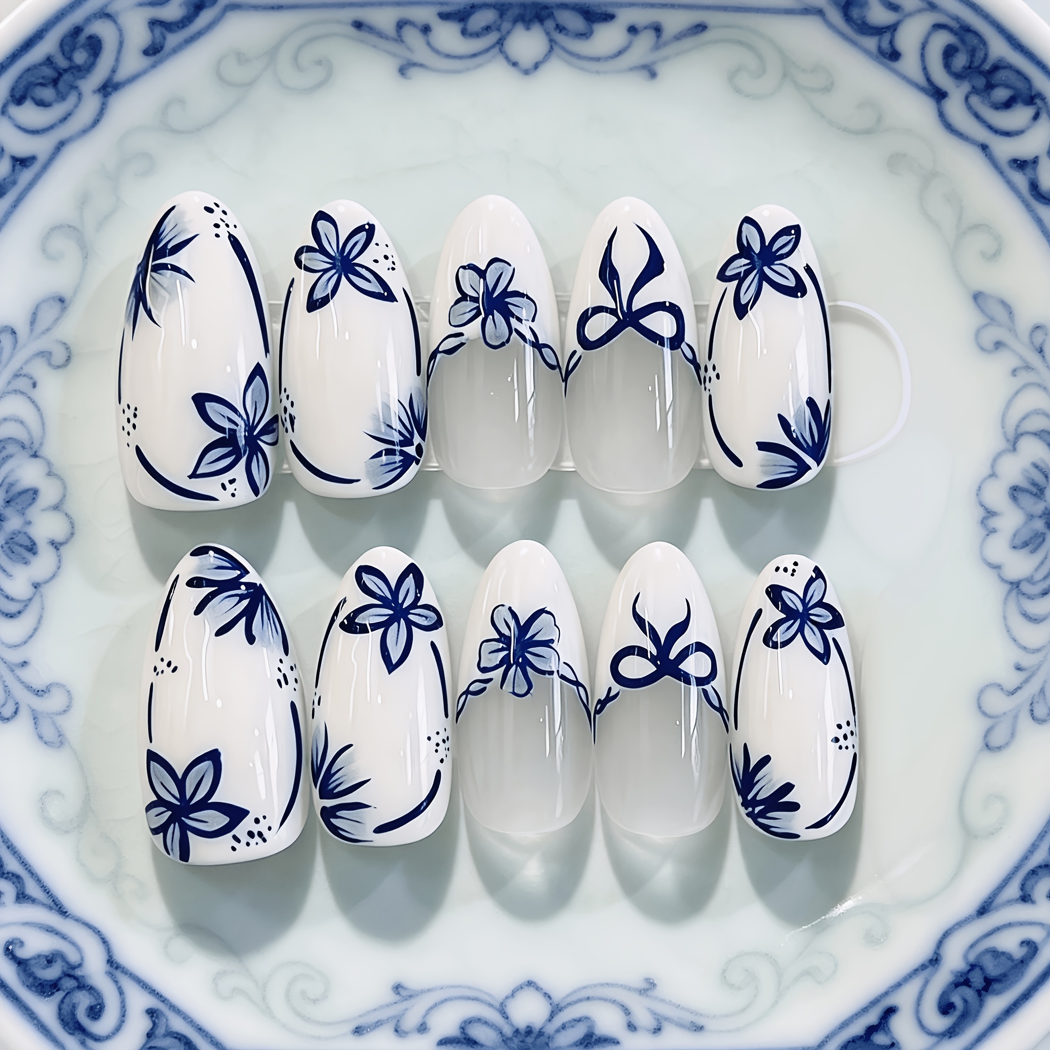 TEMU 10pcs Almond-shaped Nail Wraps, Blue And White Porcelain Style, Bow And , Easy And Versatile