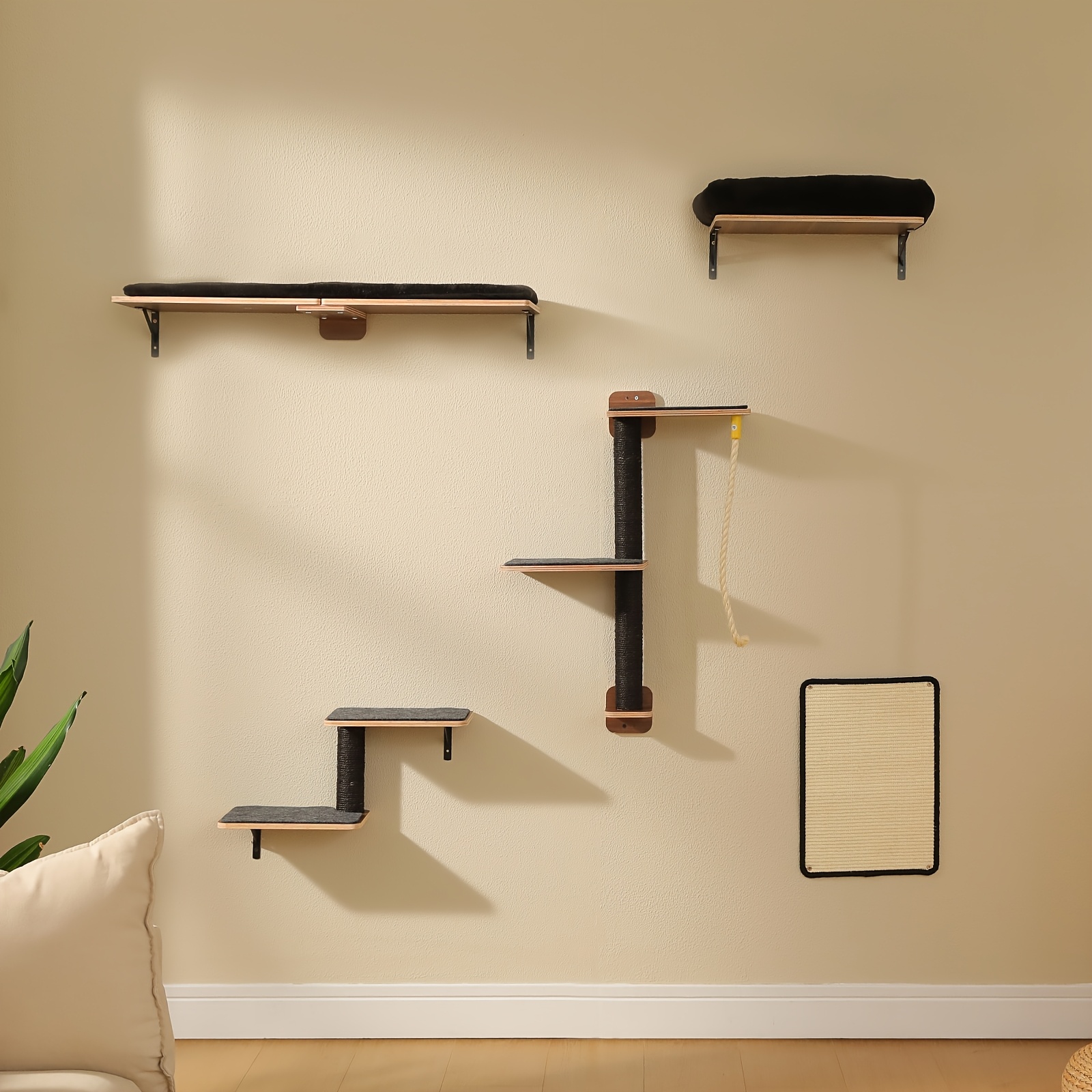 TEMU Road Wall Mounted Cat Shelf Set, 5pcs Cat Wall Furniture With Cat Perch, Sisal Scratching Posts, Scratch Pad & Climbing Rope, Space-saving Cat