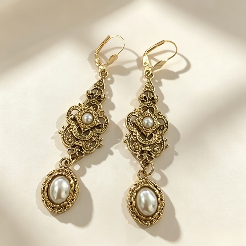 TEMU 2pcs Exquisite Retro Oval Geometric Hollow Court Floral Pattern Carved Design Antique-look Women's Pendant Earrings, Suitable For Banquets,
