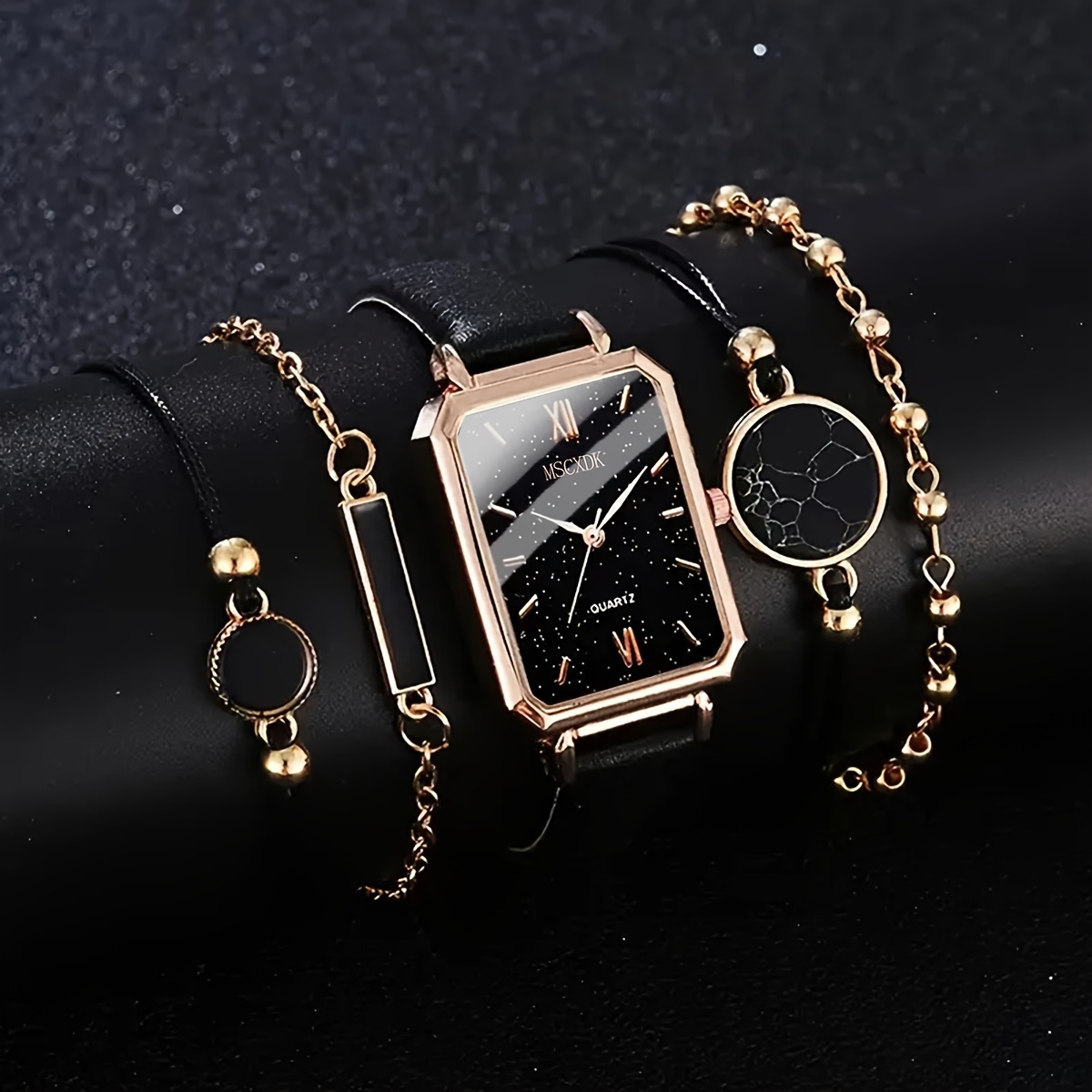 

5pcs/set Women's Vintage Rectangle Quartz Watch Analog Pu Leather Wrist Watch & Bracelets, Gift For Mom Her