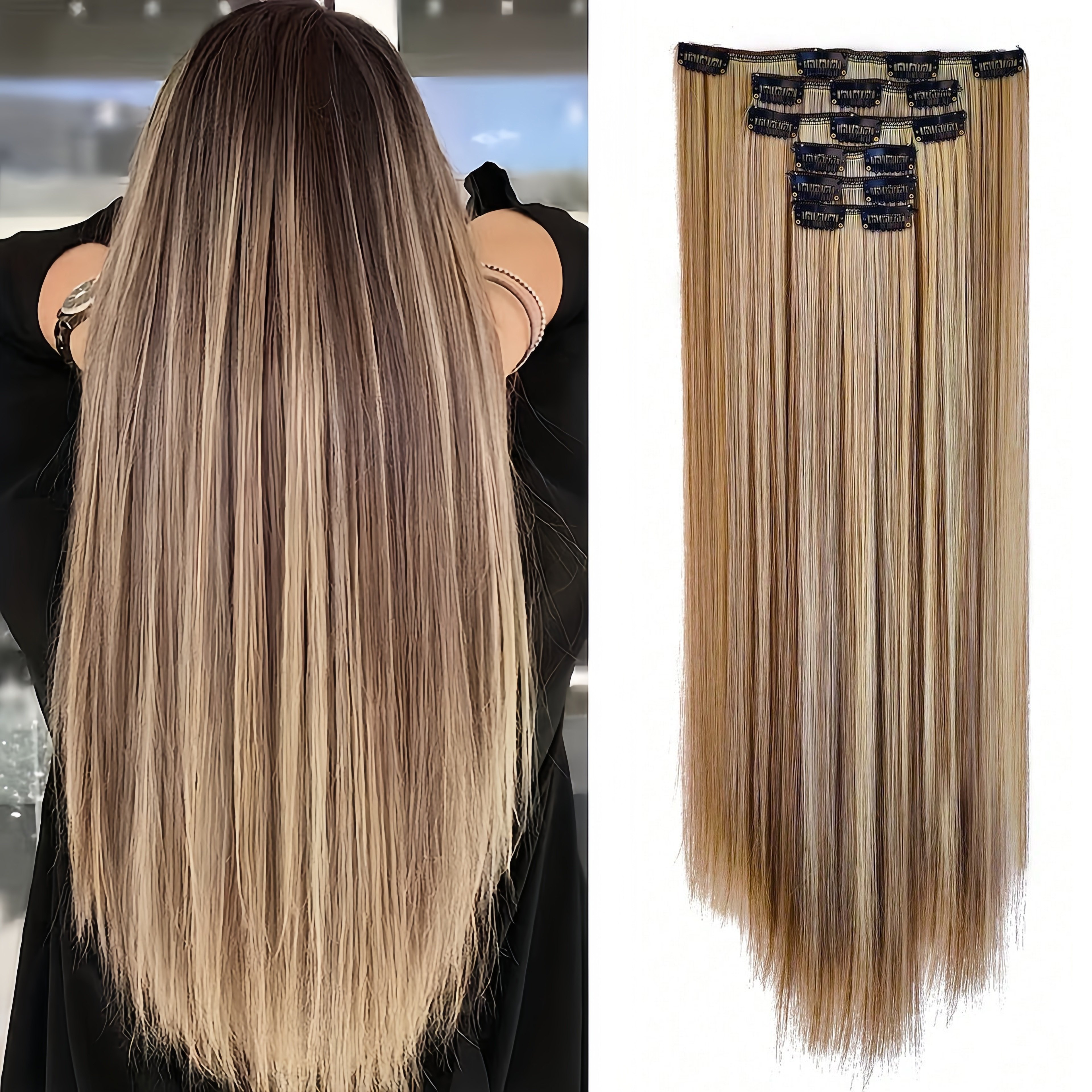 

Clip In Hair Extensions, Hair Extensions Thick Long Lace Weft Lightweight Synthetic Hairpieces For Women Chocolate Brown With Golden Blonde Highlights Hair Clips Hair Accessories