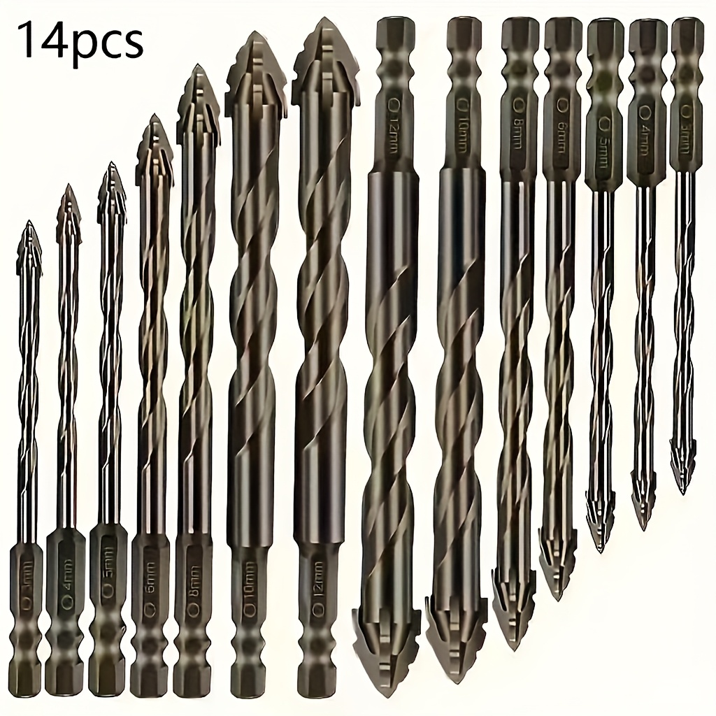 14pcs Carbide Drill Bit Set, Four-blade Serrated Sawtooth Design, Straight Flute, For Dry Drilling Porcelain, Ceramic, Glass, Marble, Concrete, Stone