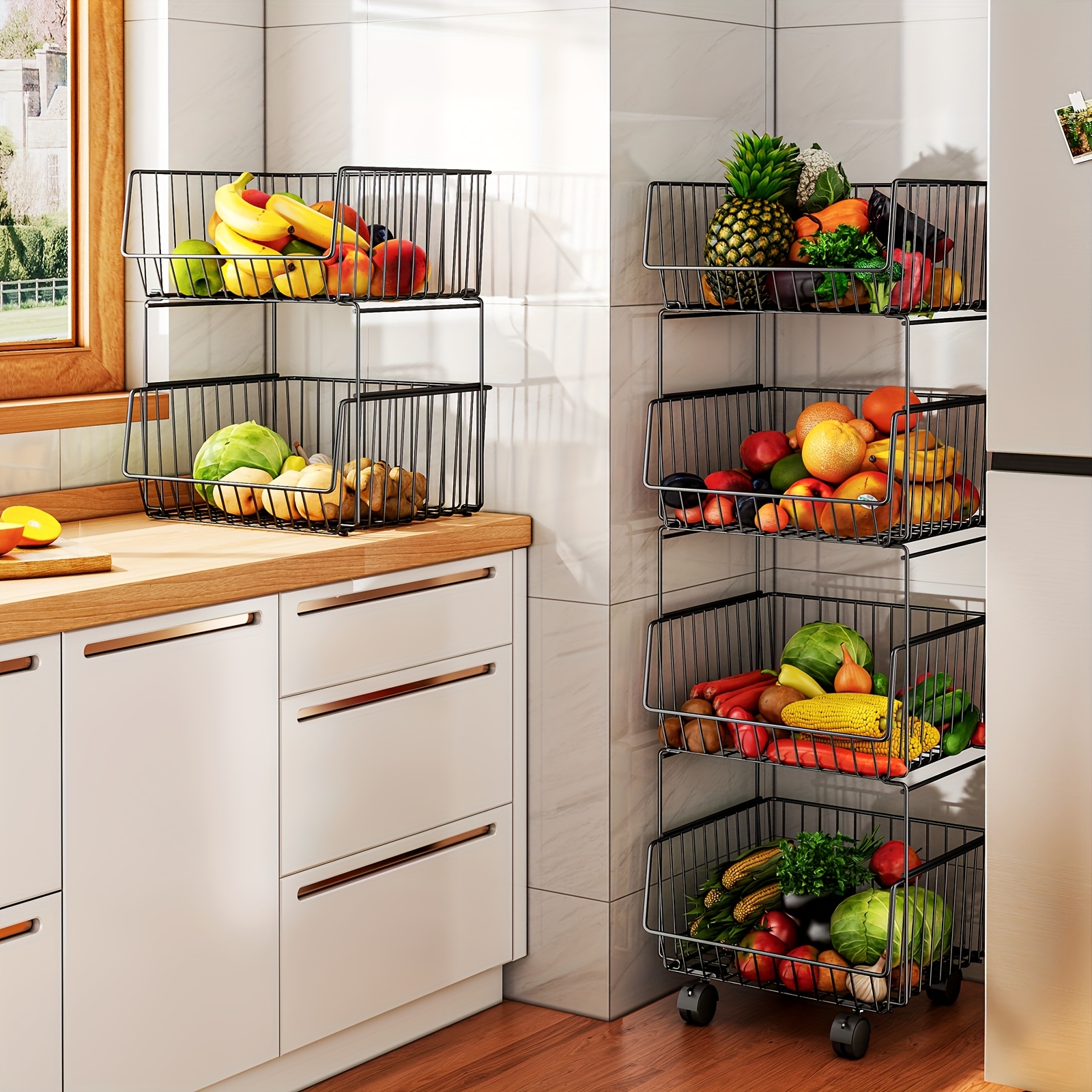 Four-Tier Elevated Stackable Basket Cart for Kitchen Supplies