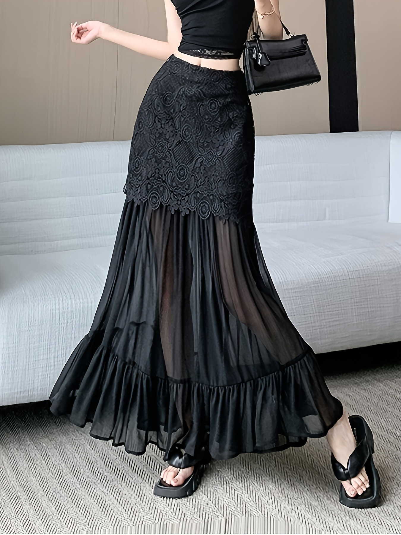 chinese dress ladies Mock Neck Sleeveless Sheer Mesh Spliced Maxi Dress Elegant Cinched Wai –  Divahotcouture main image 0