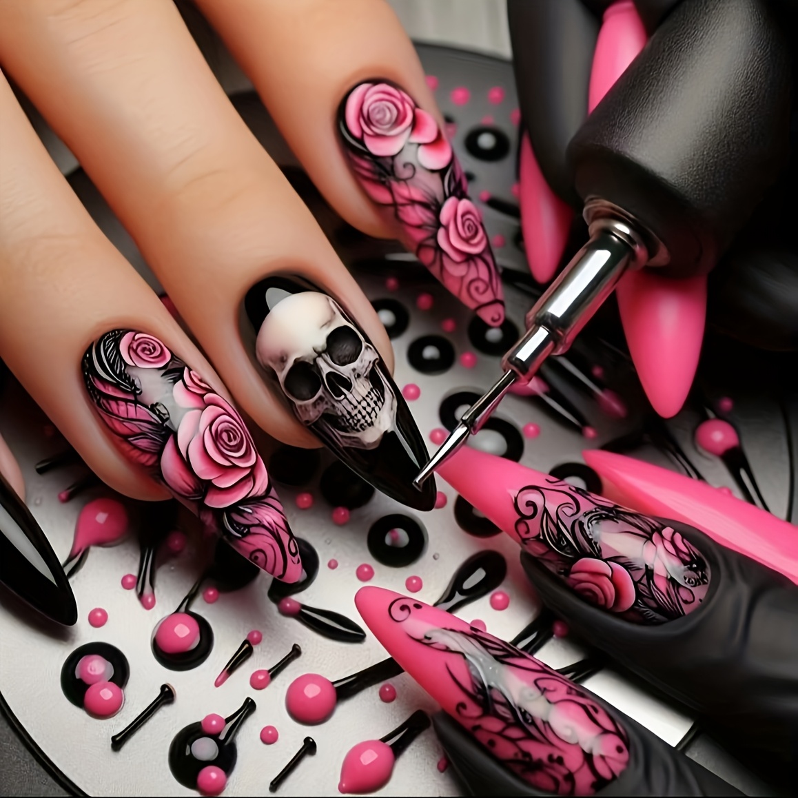 TEMU Black And Pink Ombre With Pink Rose Press-on Nails, Gothic Style Feather Hand-painted Long Stiletto Handmade Halloween Nail Tips