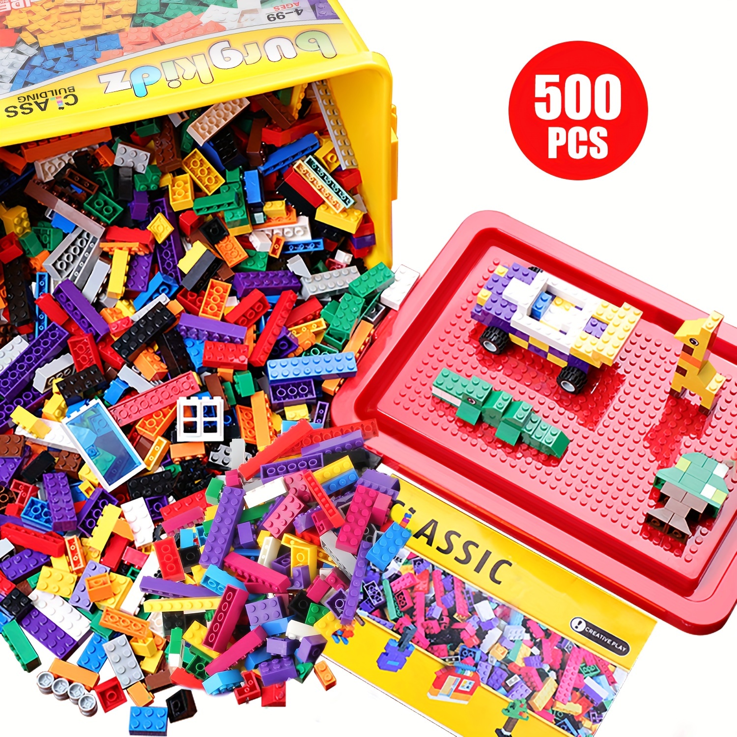 

Building Bricks 1020 Pieces Set, 1000 Basic Building Blocks In 17 Includes Wheels, Door, Window, Bulk With Storage Box, Handle And Base Plate, Compatible Construction Toys