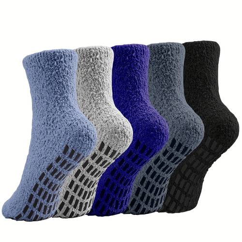Artikelbild 5 paar plüsch hausschuhssocken herren - rutschfeste, flauschige socken, krankenhaussocken mit grip für herren, grip socken für damen, socken mit grip für herren hausschuhssocken