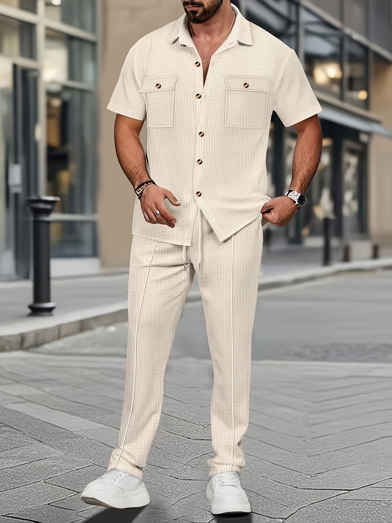 Men'S Casual Short Sleeve Shirt And Long Pants 2pcs Set Commuter Outfit, Textured Buttons And Pockets, Versatile Style